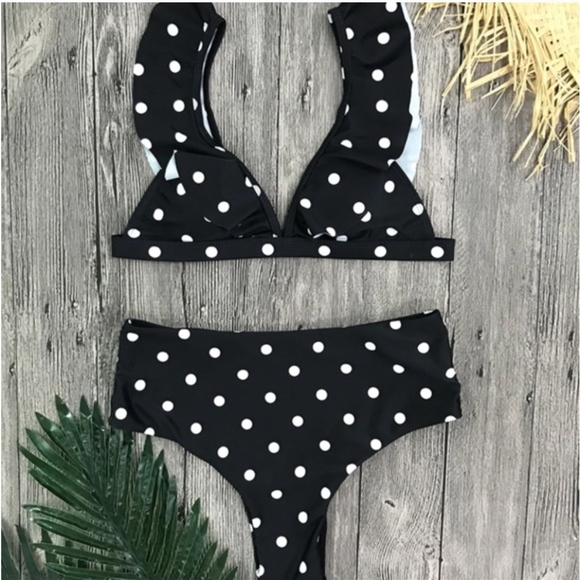 HIGH WAISTED BLACK RUFFLE POLKA DOT BIKINI - Picture 3 of 4
